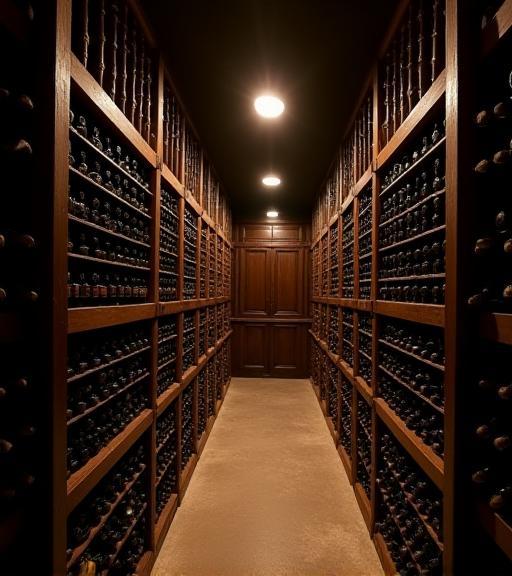A well-organized wine cellar with rows of wine bottles.