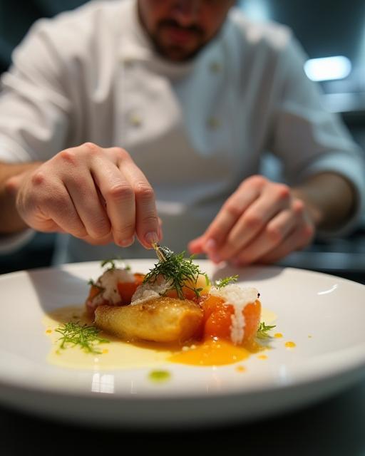 Chef meticulously adding garnish to a fine dining dish.